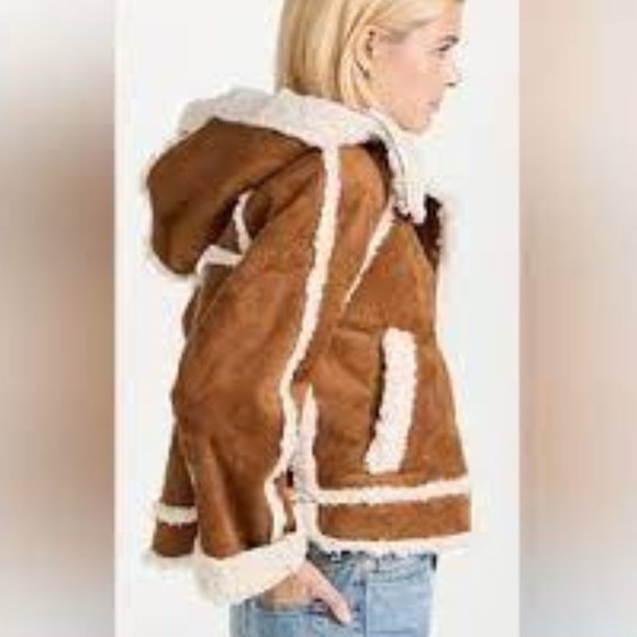 FREE PEOPLE VEGAN Leather Shearling SHERPA HOODED Jacket - Picture 6 of 13